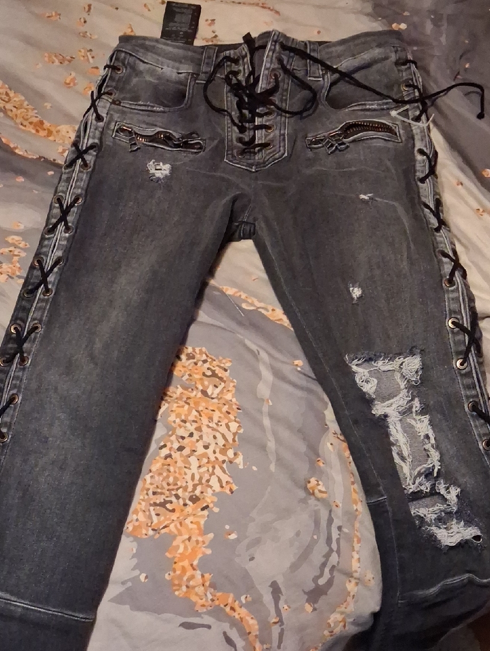Women's Black Distressed Lace-Up Skinny Jeans